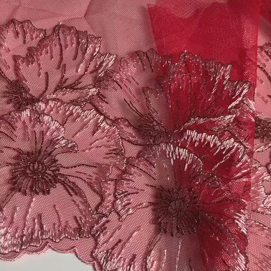 Deep Coral Red Tulle Lace Trim 7.5”/19cm Embroidered Pink Floral Scallop Edge Fabric for Bra Making Bramaking Knickers Lingerie Sewing Craft