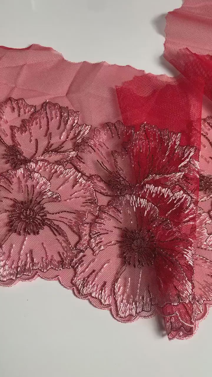 Deep Coral Red Tulle Lace Trim 7.5”/19cm Embroidered Pink Floral Scallop Edge Fabric for Bra Making Bramaking Knickers Lingerie Sewing Craft