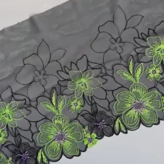 Black Lime Green Stretch Floral Embroidered Lace Trim 7”/18cm Tulle Scallop Edge Fabric for Bra Making Knickers Lingerie Sewing Craft