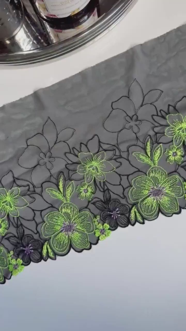 Black Lime Green Stretch Floral Embroidered Lace Trim 7”/18cm Tulle Scallop Edge Fabric for Bra Making Knickers Lingerie Sewing Craft
