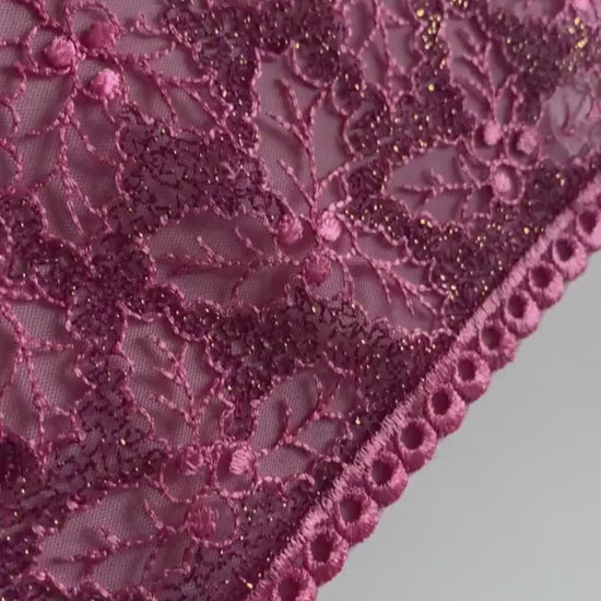 Pink Mistletoe Holly Shimmer Lace Trim 10.25”/26cm Embroidered Scallop Edge Fabric for Bra Making Bramaking Knickers Lingerie Sewing Craft