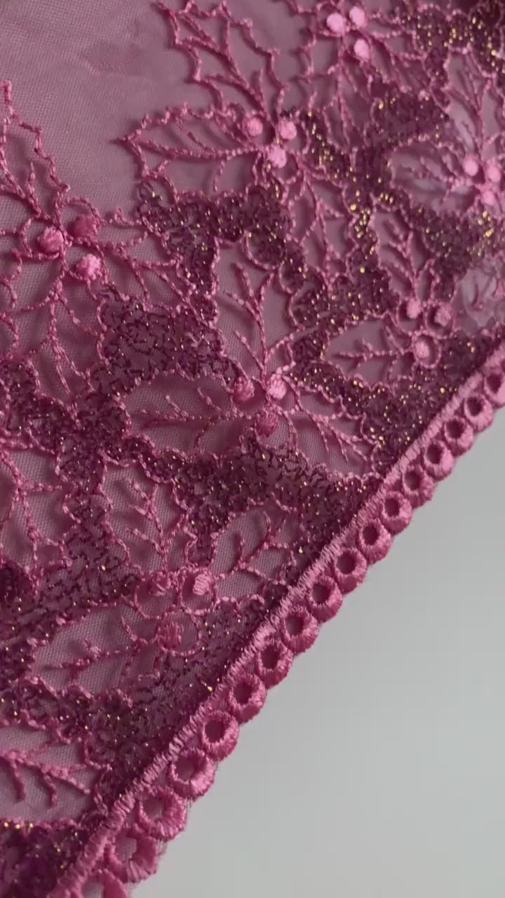 Pink Mistletoe Holly Shimmer Lace Trim 10.25”/26cm Embroidered Scallop Edge Fabric for Bra Making Bramaking Knickers Lingerie Sewing Craft